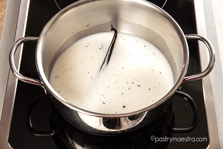 Milk, vanilla, and sugar in a saucepan, Pastry Maestra