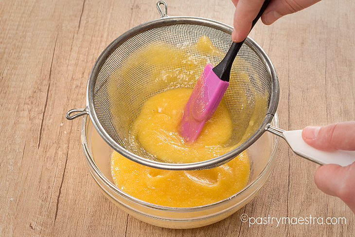 Straining lemon curd, Pastry Maestra