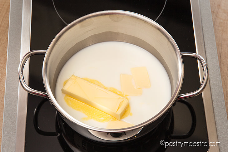 Pate a choux, liquid nad butter in a pan, Pastry Maestra