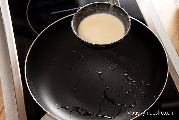 Crêpe batter in a ladle, Pastry Maestra