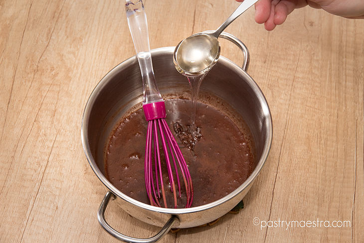 Charlotte, making glaze, Pastry Maestra