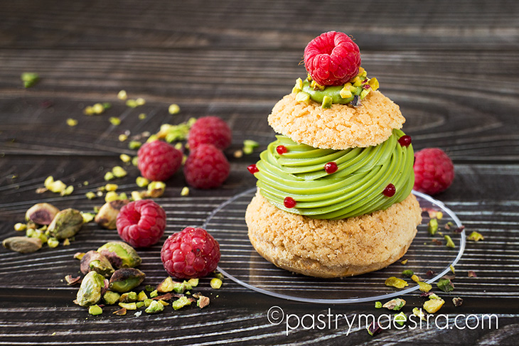 Gluten Free Pistachio and Raspberry Choux Craquelin, Pastry Maestra