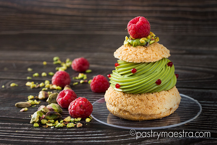 Gluten Free Pistachio and Raspberry Choux Craquelin, Pastry Maestra