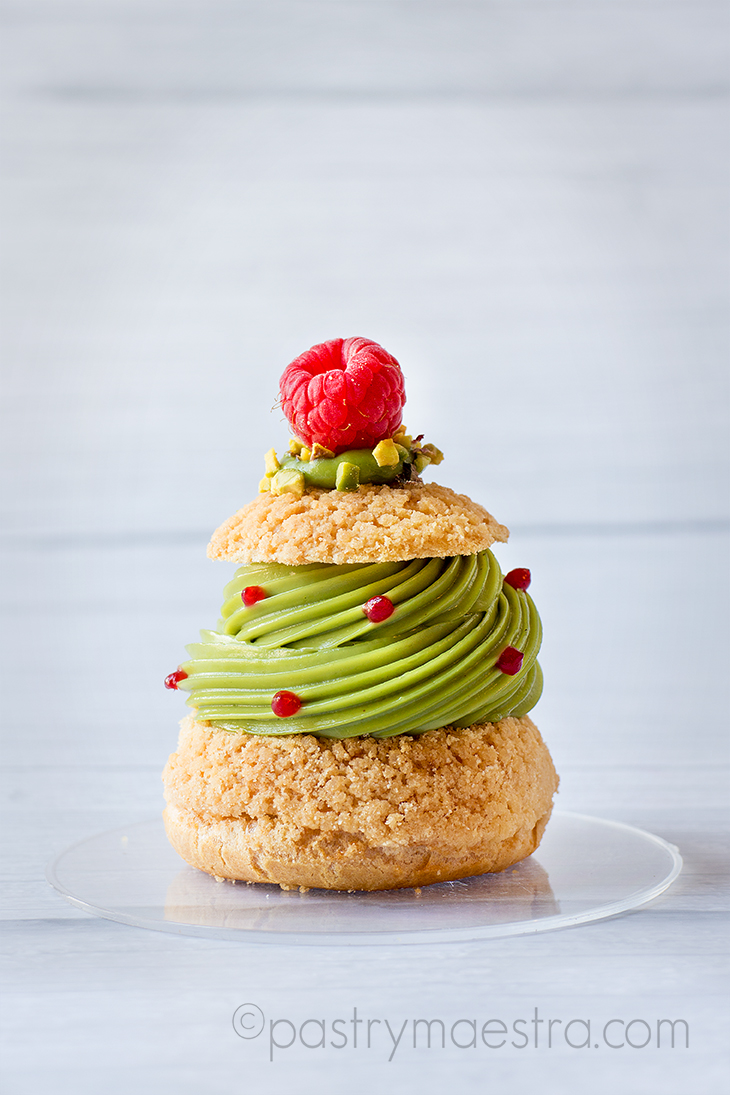Gluten Free Pistachio and Raspberry Choux Craquelin, Pastry Maestra