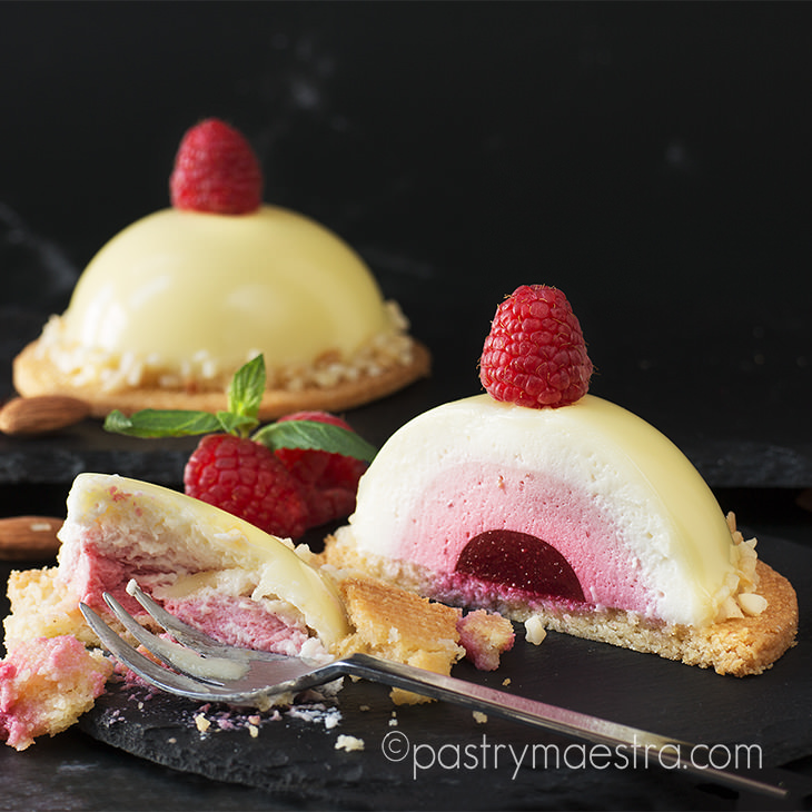 Raspberry and White Chocolate Half Spheres, Pastry Maestra
